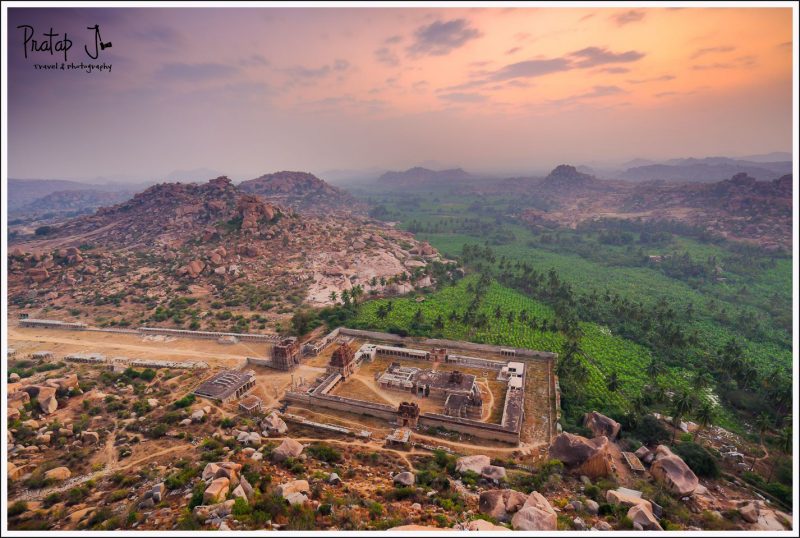 Sunrise over Achutharaya Temple in Hampi from Mathanga Hill