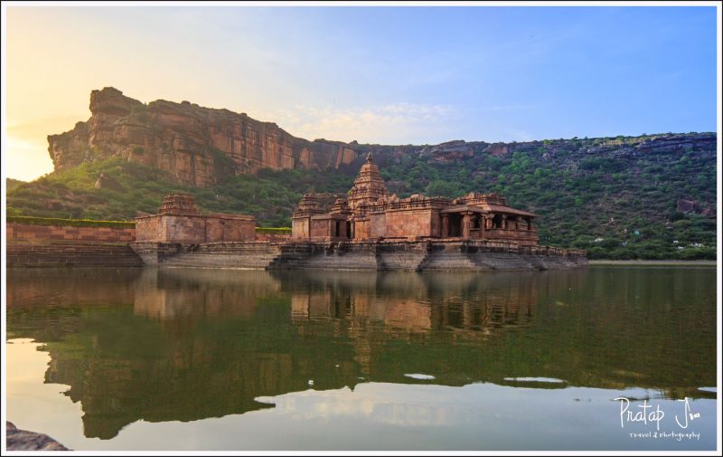 First rays of the sun on the Bhootanath Temple in Badami