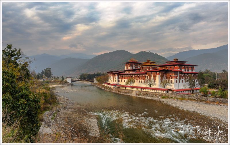 Punakha Dzong lit up in twilight