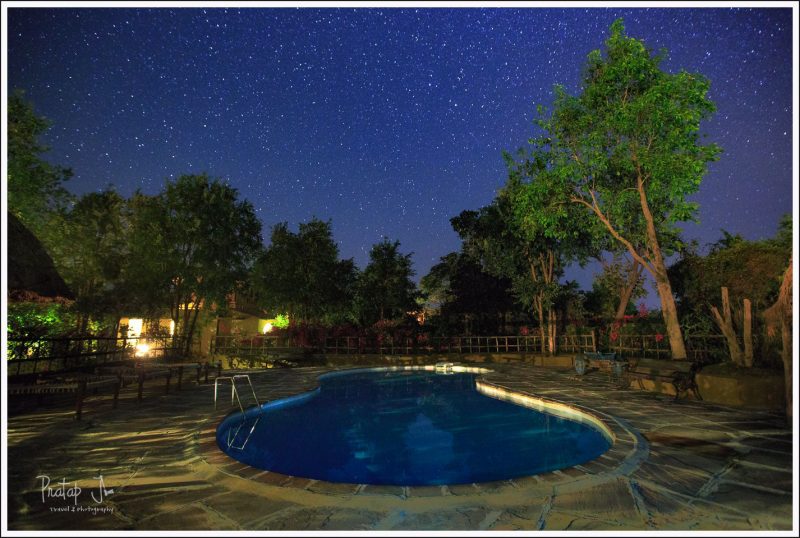 Swimming pool in Forsyth lodge under a star-lit night